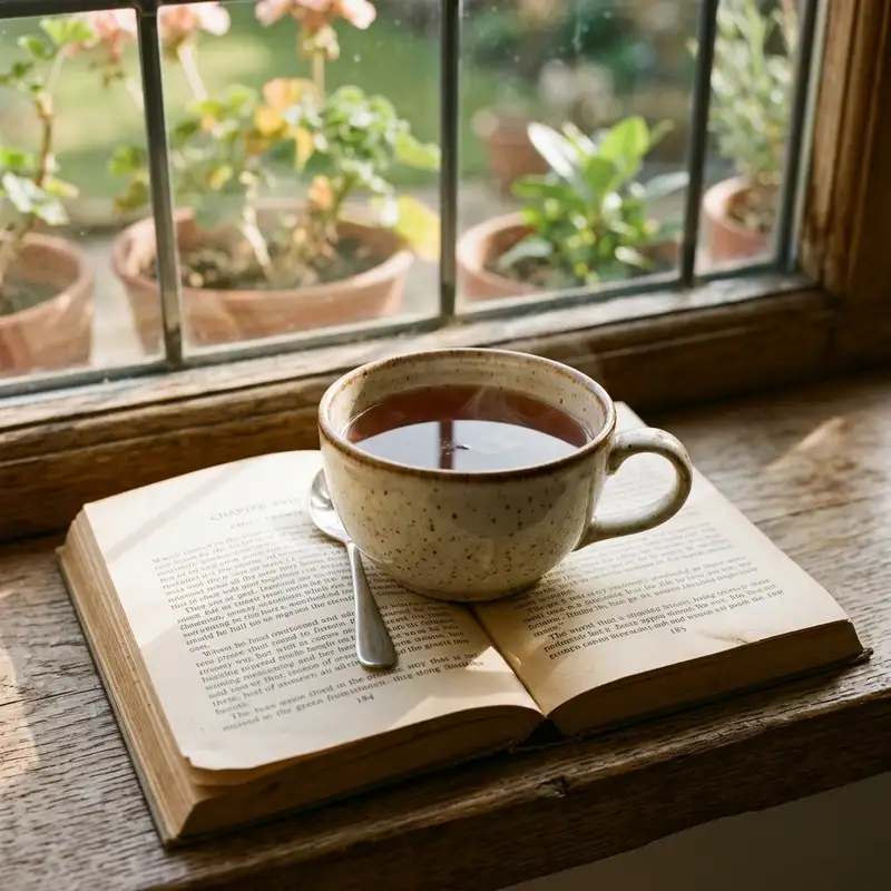 Close up of a cup of tea resting on top of an open book