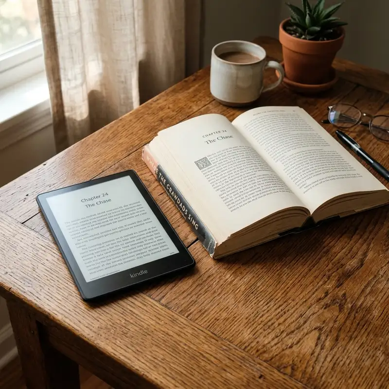 A modern e-reader tablet placed next to an open physical book