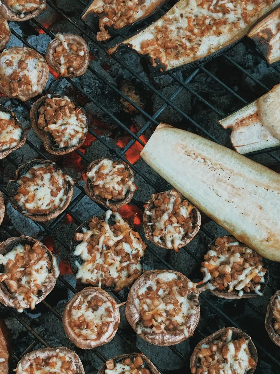 A modern vegan pintxo with roasted vegetables and vegan cheese