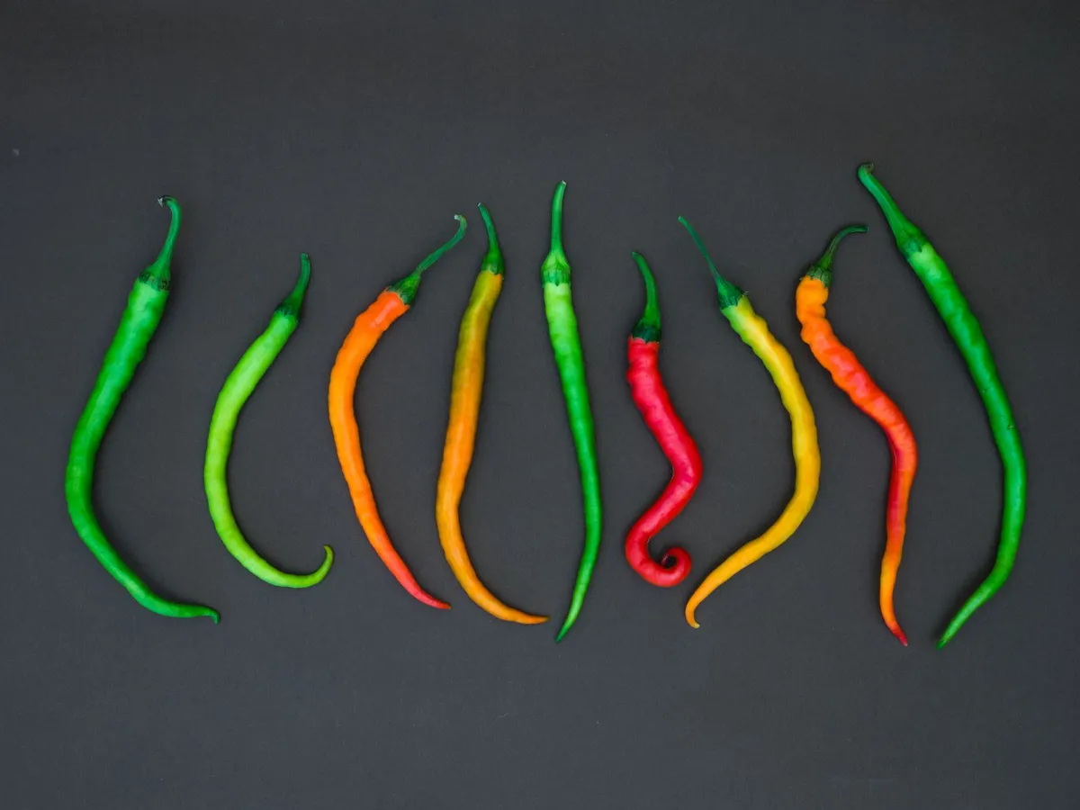 Long Pepper Pods on a Rustic Wooden Board