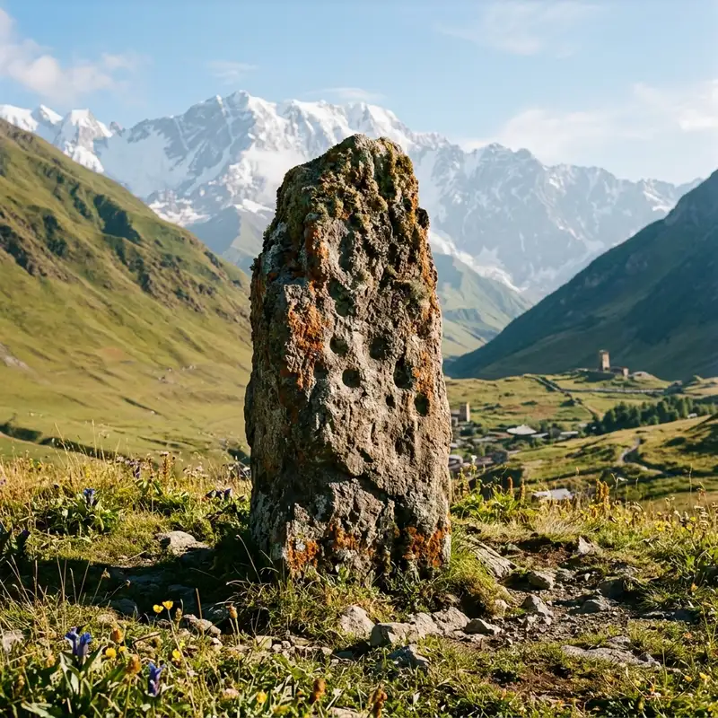 Ancient Svanetian Star Stone with enigmatic carvings, bathed in soft morning light, surrounded by lush green mountains