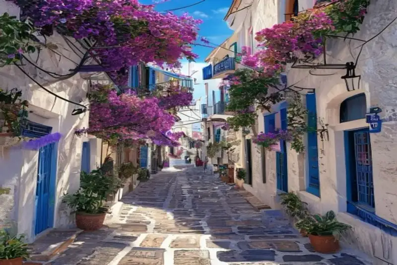 A picturesque narrow cobblestone street in Alaçatı, Turkey, lined with charming white stone houses, vibrant purple bougainvillea cascading from balconies, and traditional blue window frames, with a small boutique cafe sign visible.