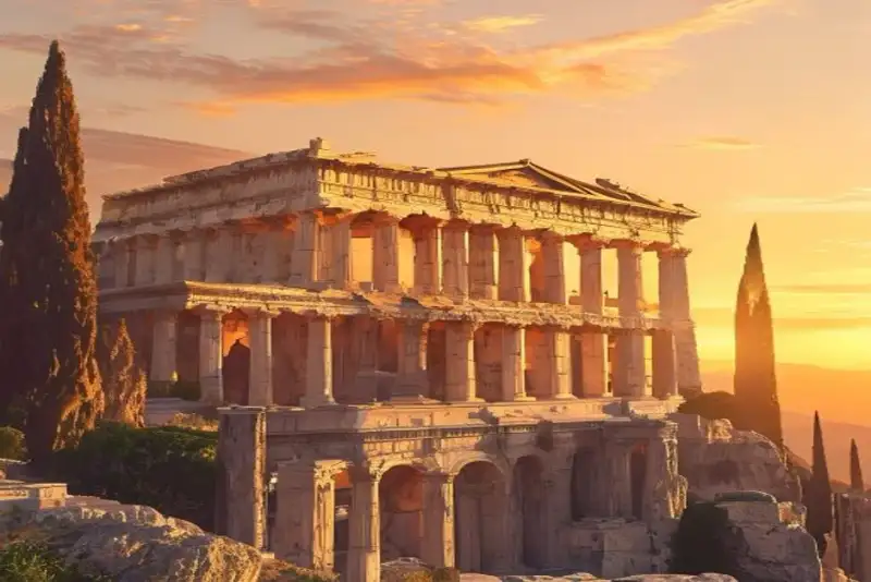 Photorealistic sunset over the marble ruins of Ephesus Celsus Library with warm, golden lighting illuminating the intricate facade and ancient statues, a clear sky with soft orange and pink hues, and a few silhouetted cypress trees in the background.