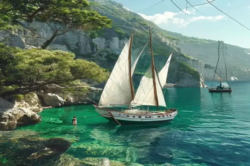 A traditional wooden gulet with unfurled sails anchored in a calm, turquoise bay, surrounded by lush green hills under a bright blue sky, with a few people swimming near the boat.