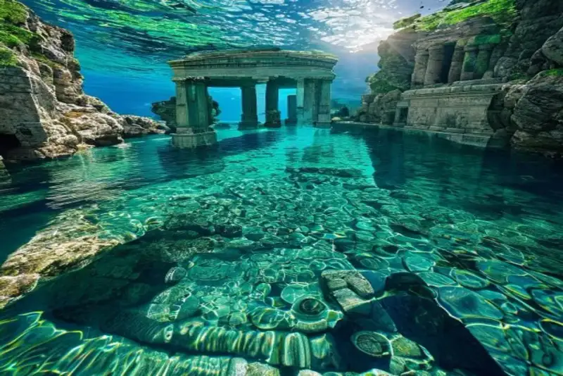 A gulet sailing over the partially submerged ruins of an ancient city, with visible foundations and walls beneath the clear turquoise water, surrounded by a rugged, green island coastline under a sunny sky.