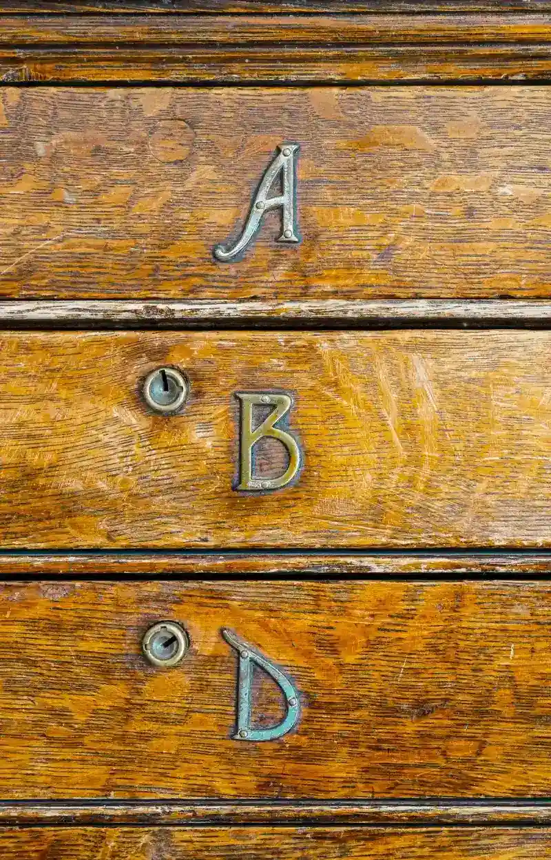 Ein historisches Hornbuch, das die Alphabetteilung und das Syllabarium zeigt, mit einem leicht abgenutzten Holzgriff und Messingstreifen