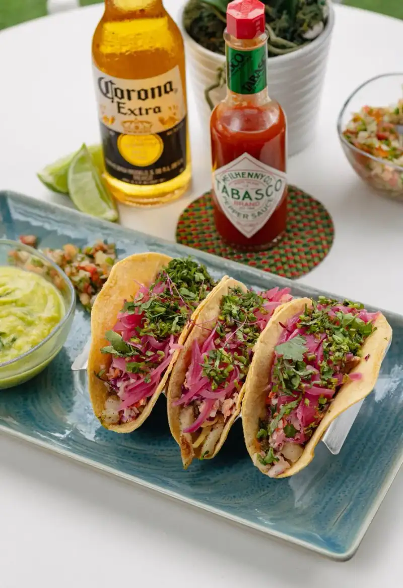 Vibrante Tacos de Camarones mit frittierten Garnelen, knackigem Krautsalat, cremiger Avocadosauce und Pico de Gallo, appetitlich angerichtet