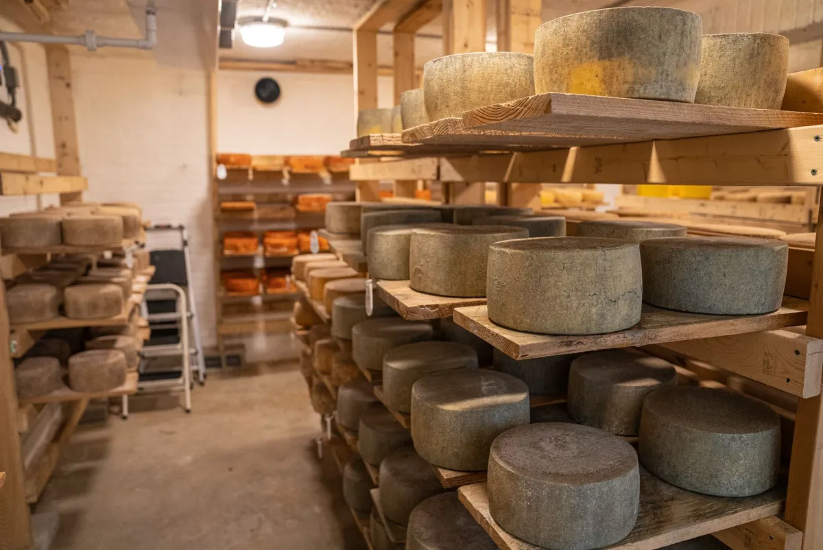 Cheese aging cellar wooden shelves