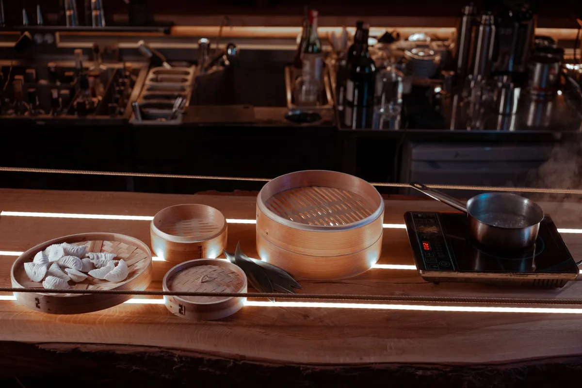 Dim sum steaming baskets in a traditional teahouse