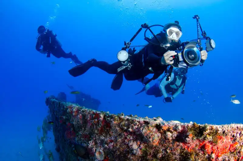 Diver exploring underwater art