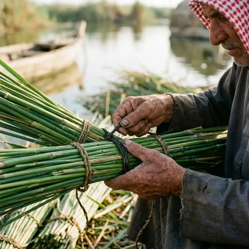 An elderly, weathered Marsh Arab artisan with calloused hands meticulously binding bundles of sun-dried reeds with twine, working on the hull of a half-built mashhoof (traditional reed boat) in a simple open-air workshop within a small, traditional mudhif (reed house) compound in the Huqqa Marshes of Southern Iraq. Sunlight filters through the reeds. Focus on the hands and the intricate process. Photorealistic, documentary style.