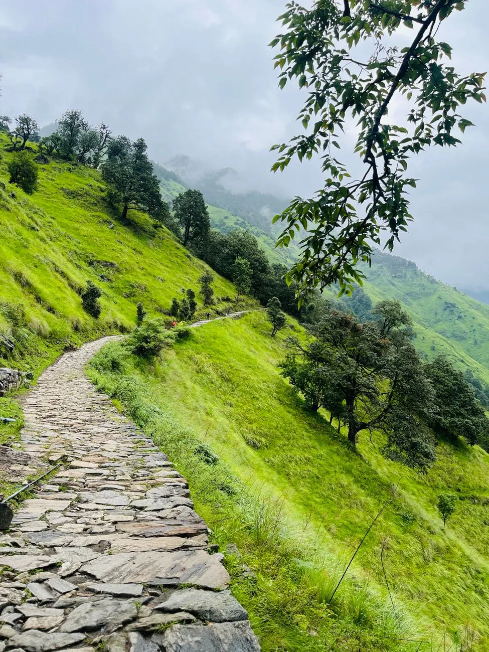 A rugged mountain path leading toward the monastery clouds