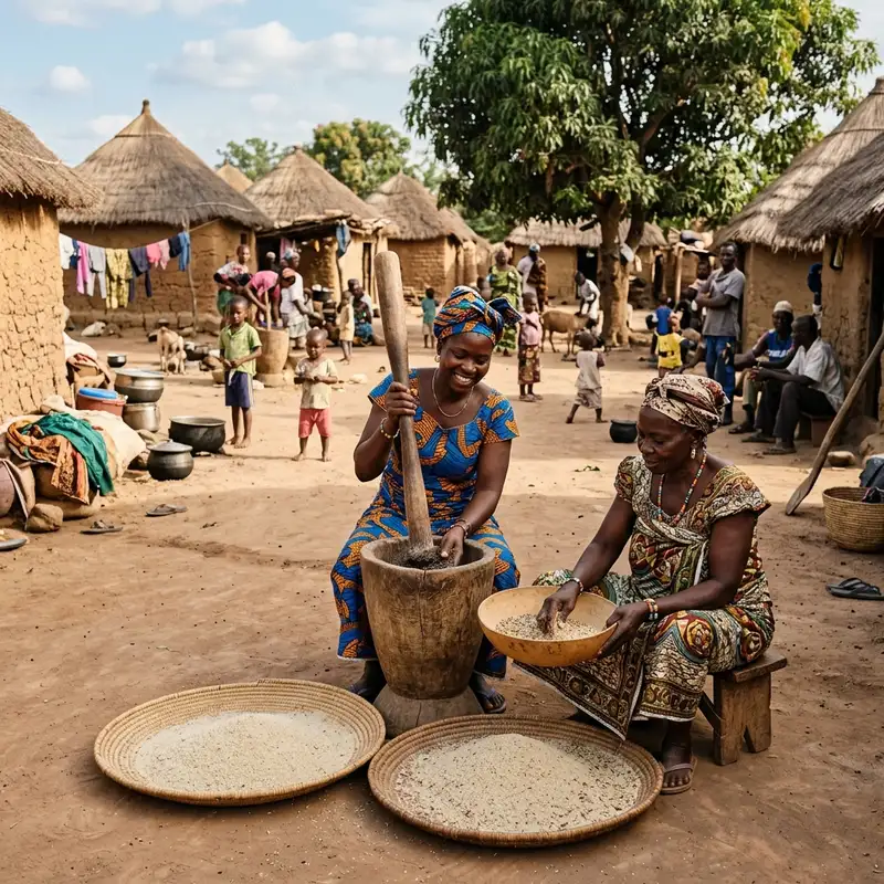 Traditional African women processing fonio grain