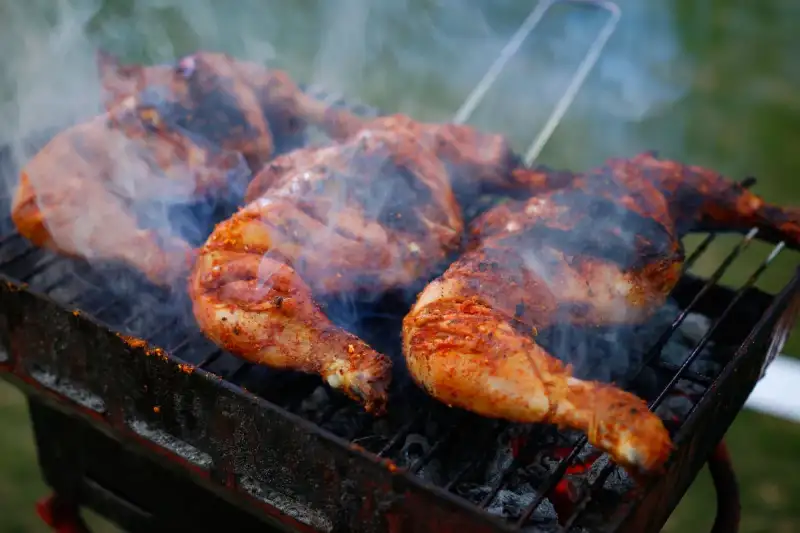Marinated chicken pieces ready for skewering