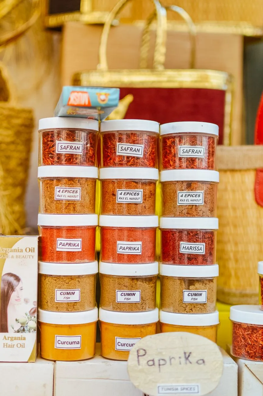 Image of a spice market stall with colorful spices
