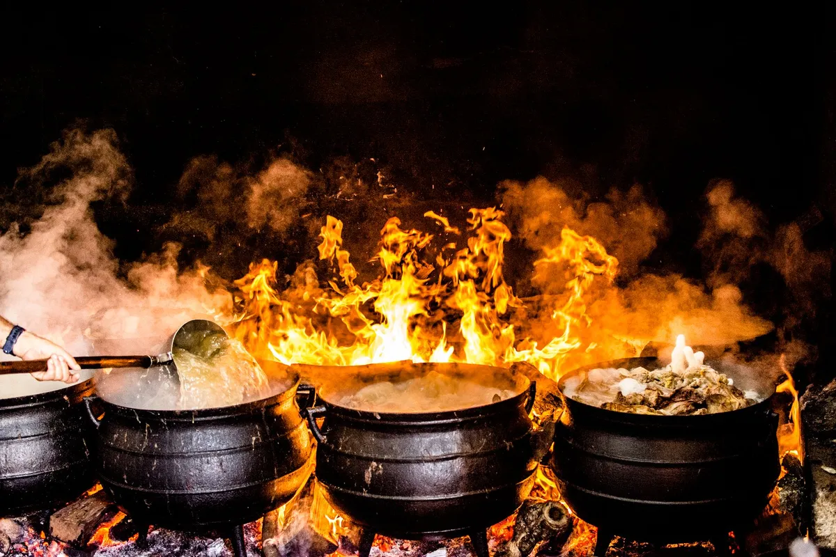 A steaming pot of South African potjiekos with meat and vegetables