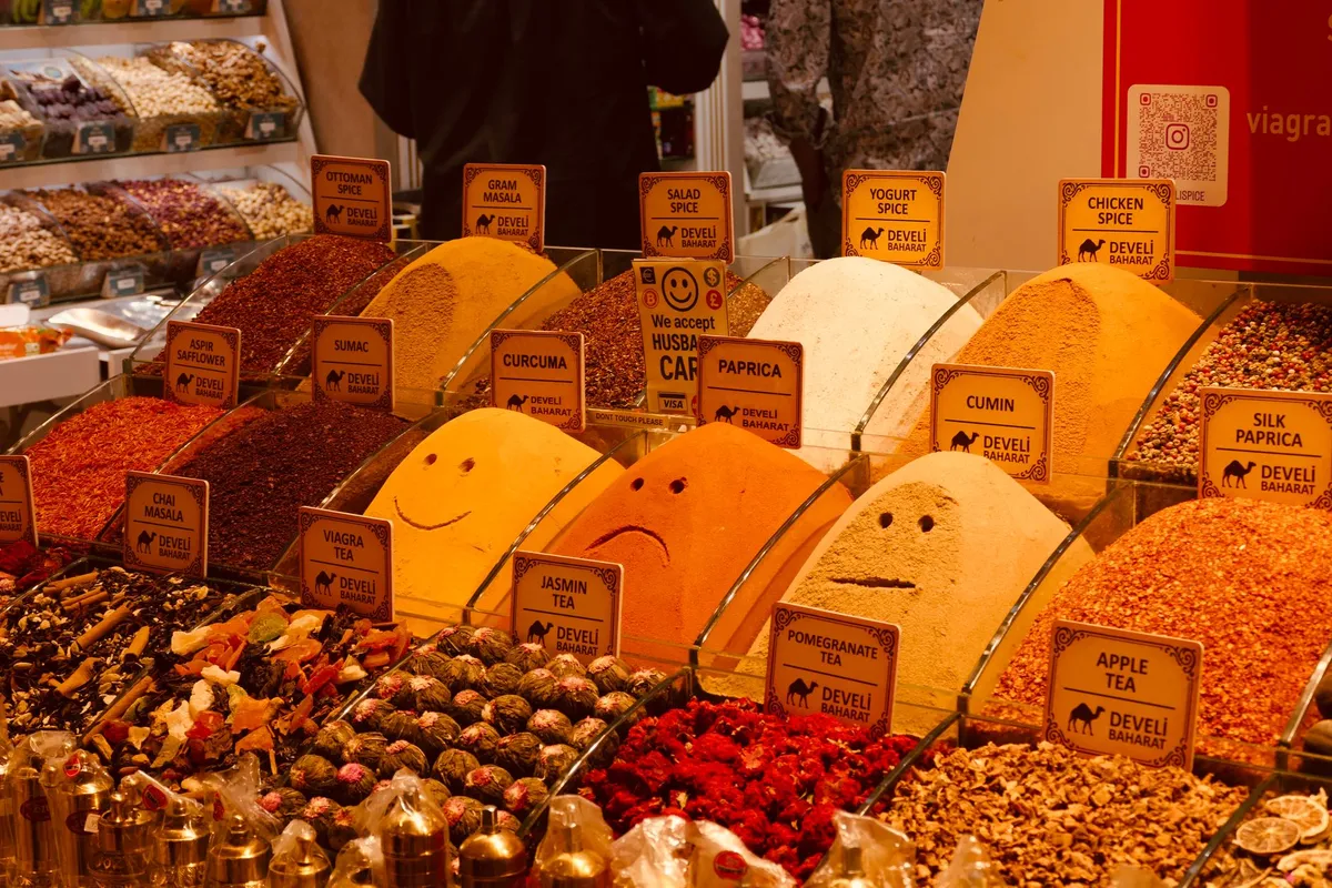 A bustling Istanbul Spice Bazaar with colorful spice jars and sacks