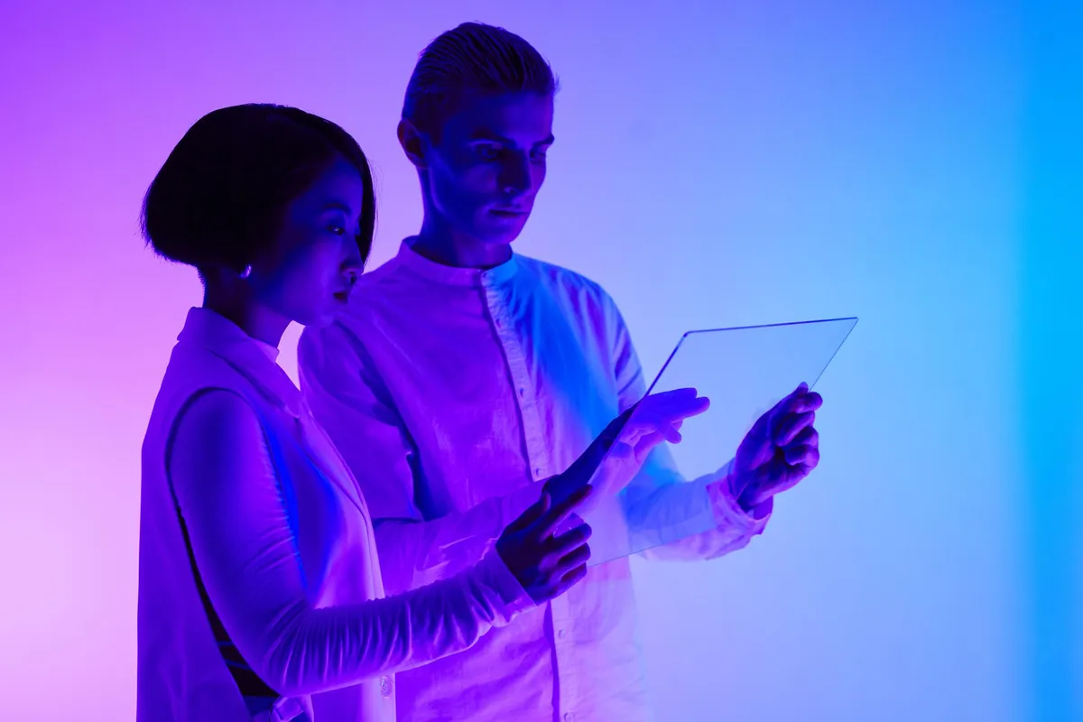 A futuristic holographic display floating in mid-air, projecting a 3D molecular structure with high clarity and depth