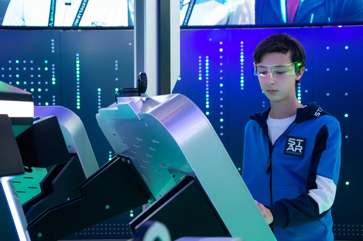 A person wearing futuristic AR glasses, with a holographic interface overlaying their real-world view