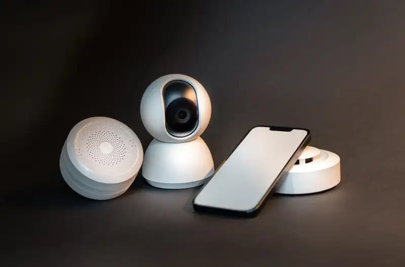 A close up view of smart home automation code on a monitor with IoT devices in the background