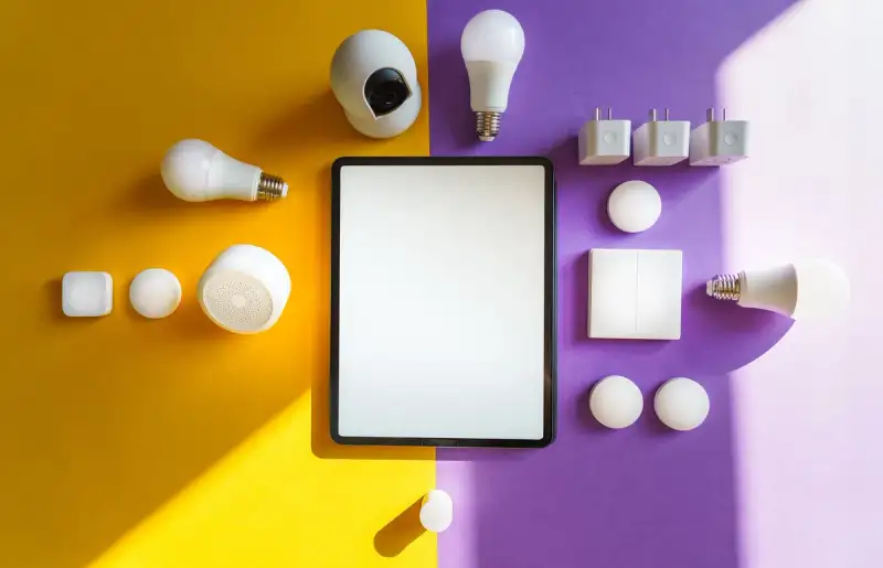 A modern smart home hub setup on a desk surrounded by tech gadgets