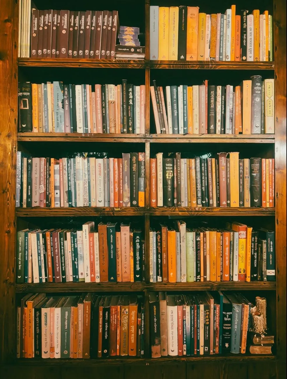 Rows of old leather bound books in a dim ancient library