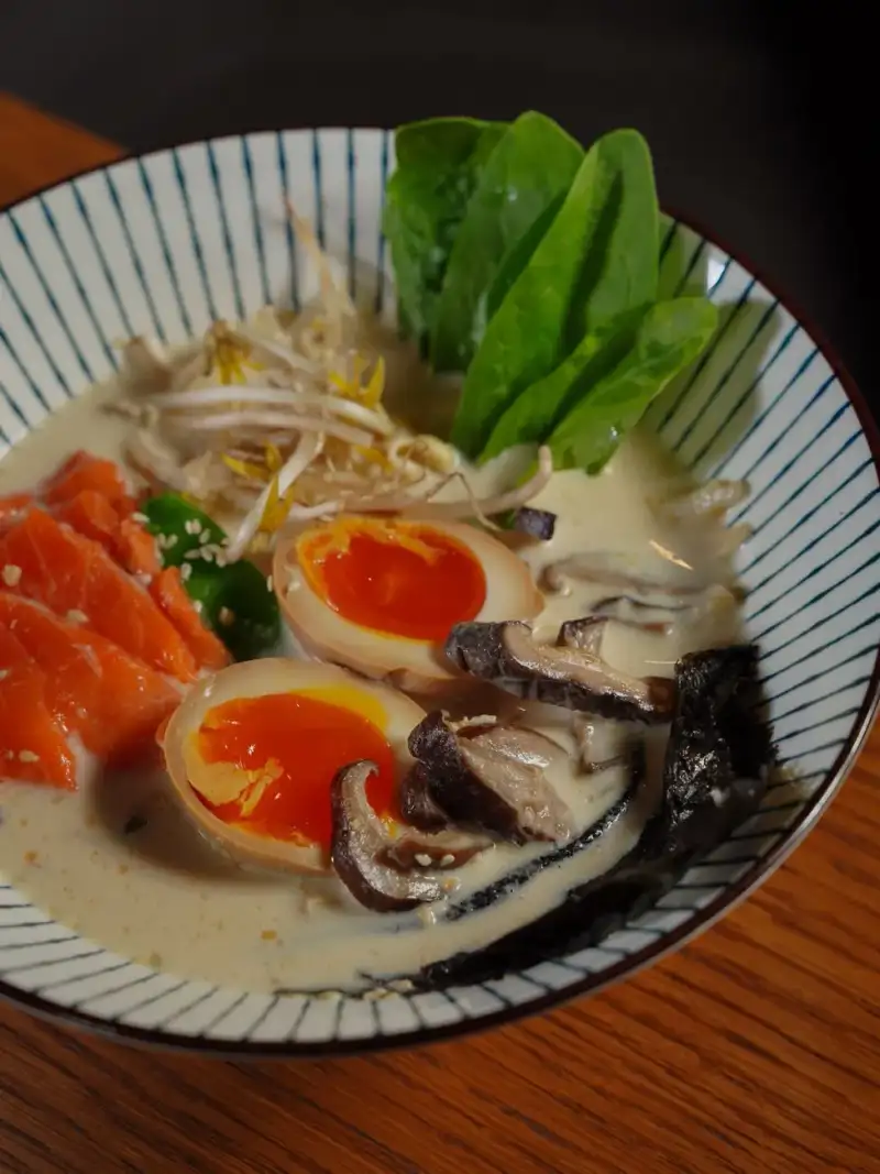 Ramen toppings arranged on a plate