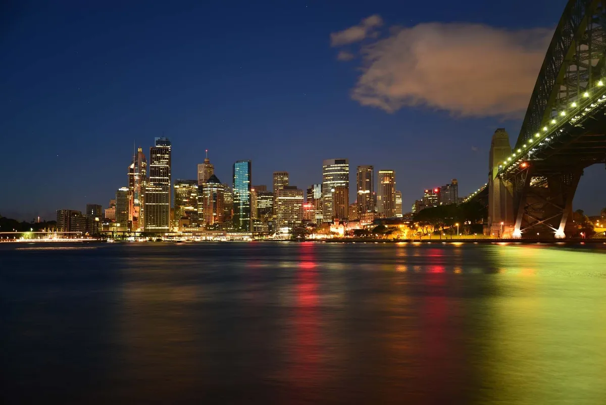 Sydney skyline at dusk with Harbour Bridge and Opera House