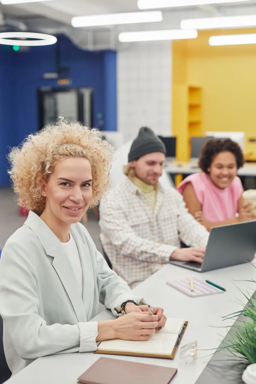 Global crowd of remote workers in coworking space