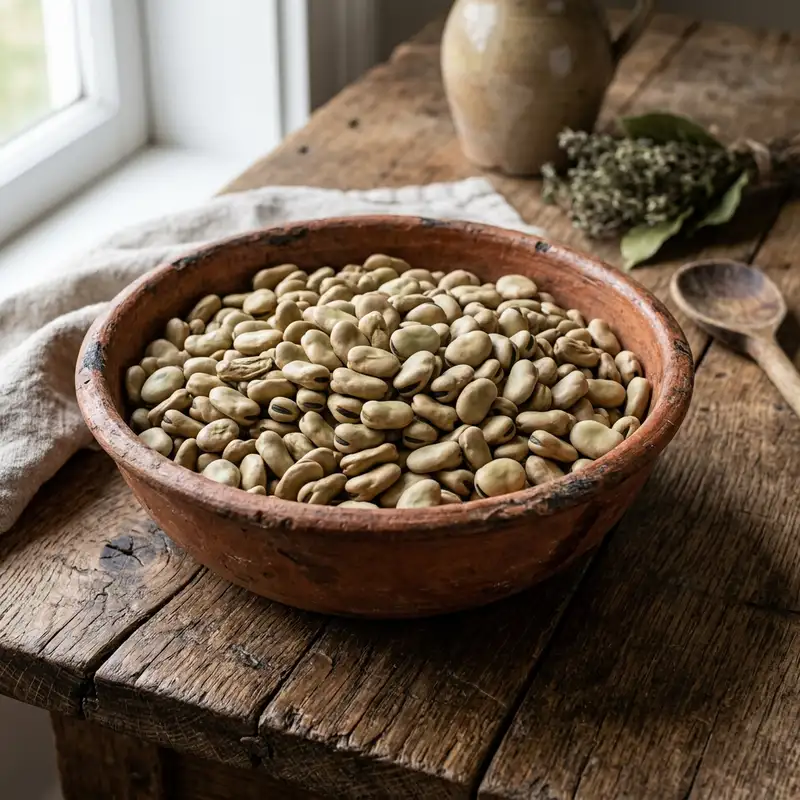 Dried fava beans in a rustic terracotta bowl