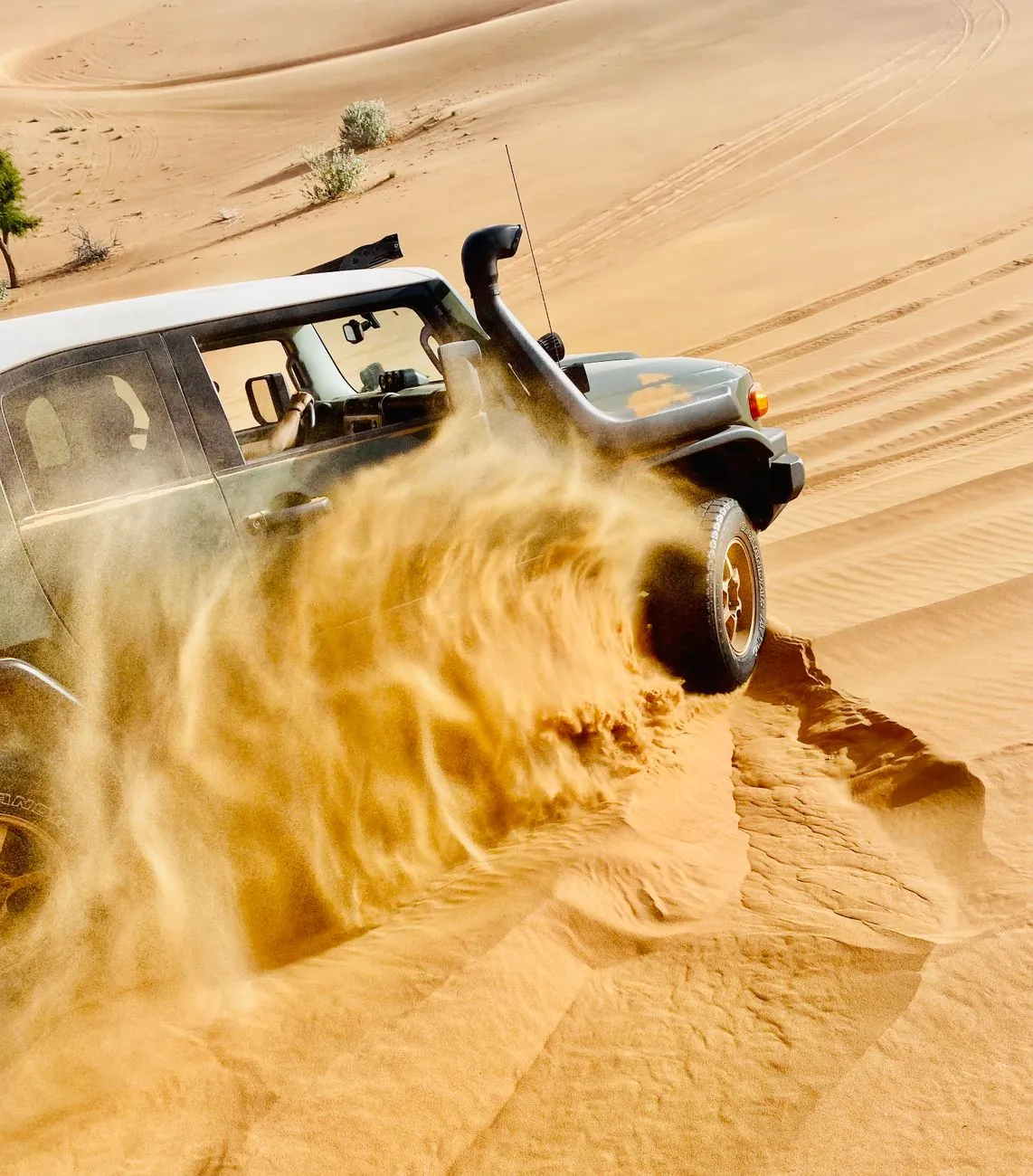 A 4x4 vehicle navigating the towering dunes of Wahiba Sands