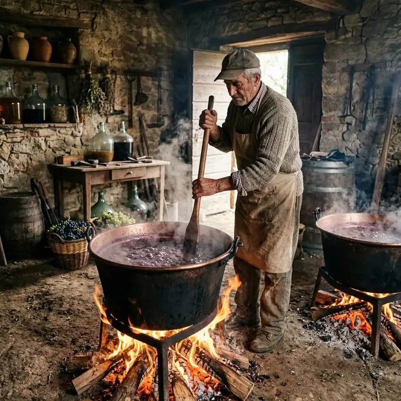 A traditional Italian farmer boiling grape must