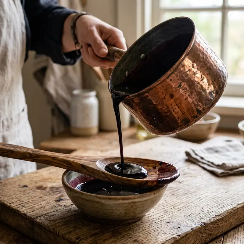 Rich dark grape syrup being poured