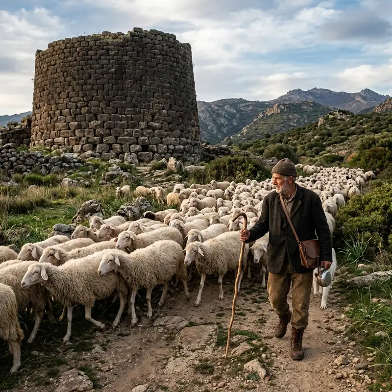 A rugged Sardinian shepherd with a flock of sheep