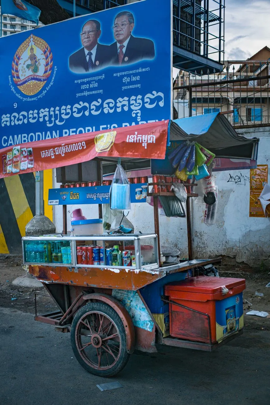 Khmer street food market at sunset with lanterns