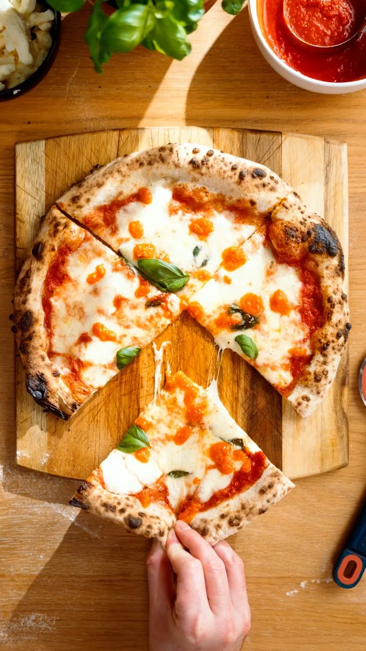 Fresh sourdough pizza with basil and mozzarella