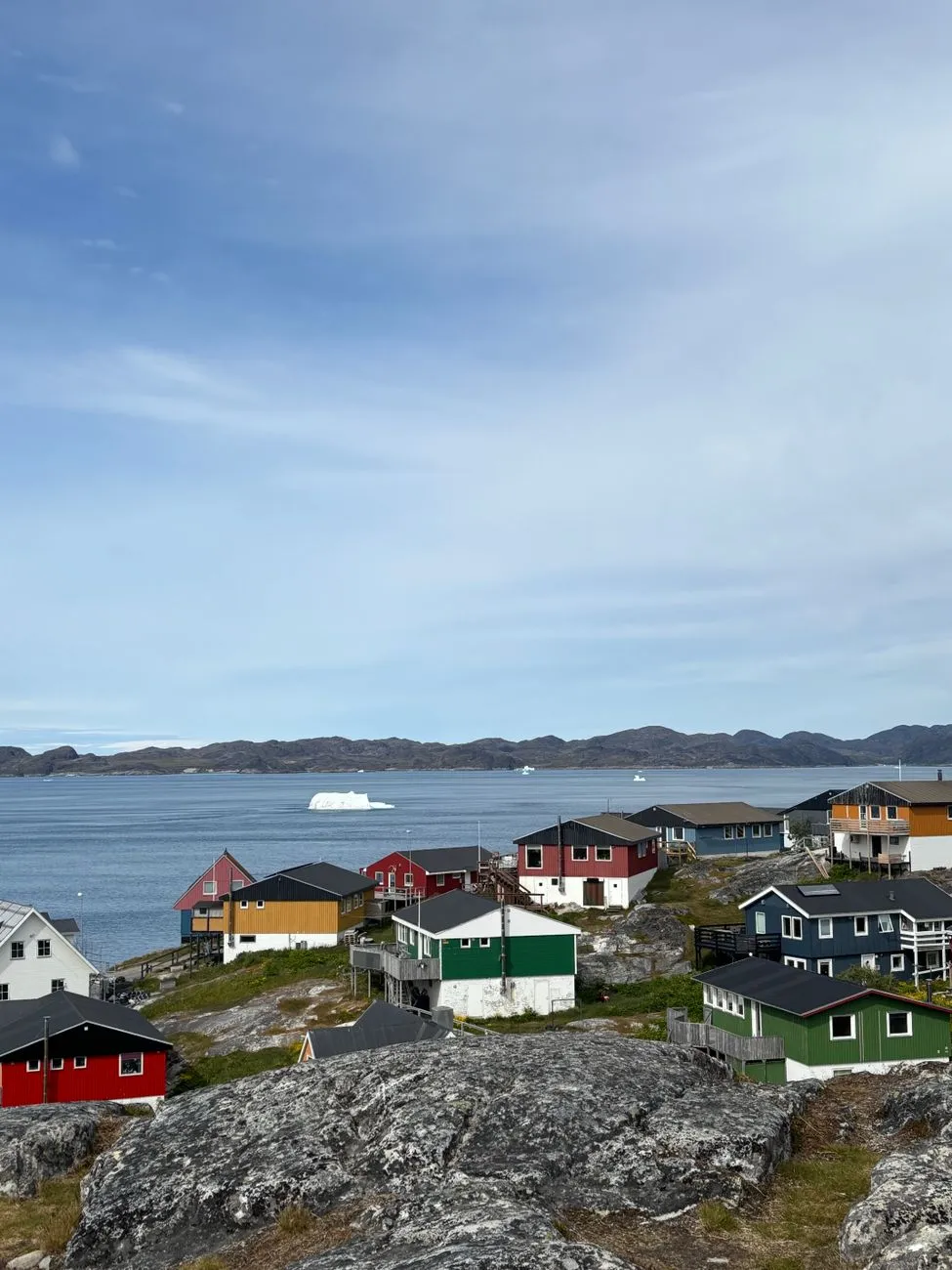 Colorful houses in Longyearbyen with snowy mountains