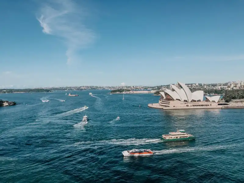 Aerial view of the Sydney Opera House from the harbor