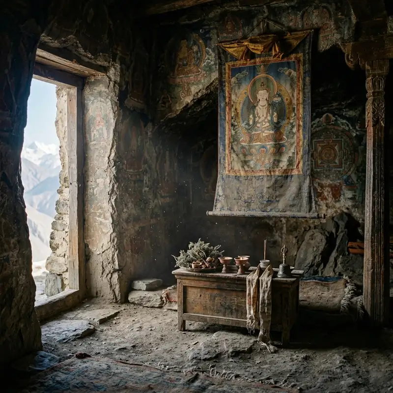 A dimly lit, ancient cave monastery high in the Himalayas. The interior reveals faint, colorful murals on the rock walls, a small wooden altar with aged offerings like dried juniper, and a single, dust-covered thangka depicting a contemplative Bodhisattva. Rays of light filter in from a hidden entrance, illuminating dust motes in the still air. The atmosphere is one of profound tranquility and ancient spiritual resonance, with rough-hewn stone walls and a floor of packed earth.
