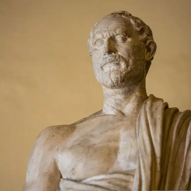 Ancient Greek physician Hippocrates making oxymel with honey and herbs in a rustic clay bowl on a stone table