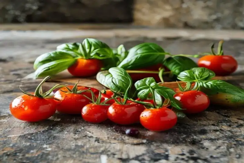 Fresh cherry tomatoes and basil leaves ready for preparation