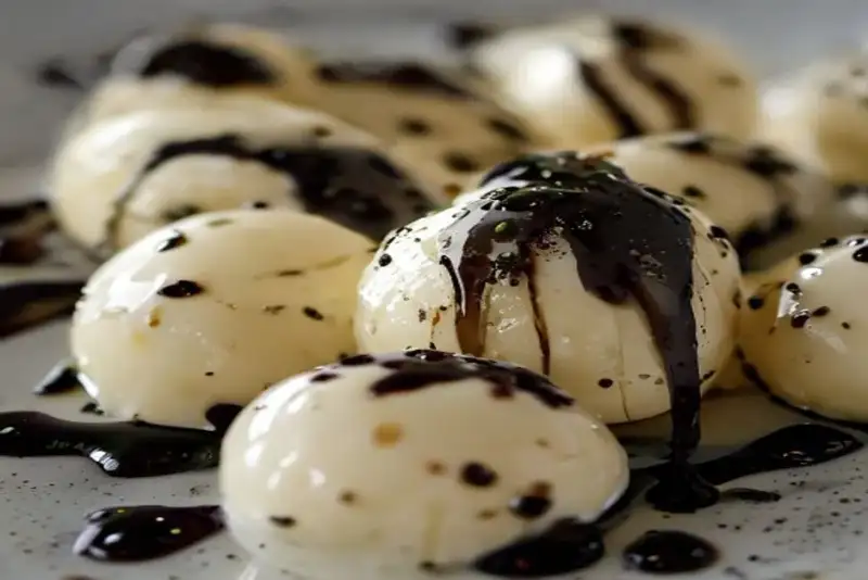 Close up of mozzarella pearls and balsamic drizzle