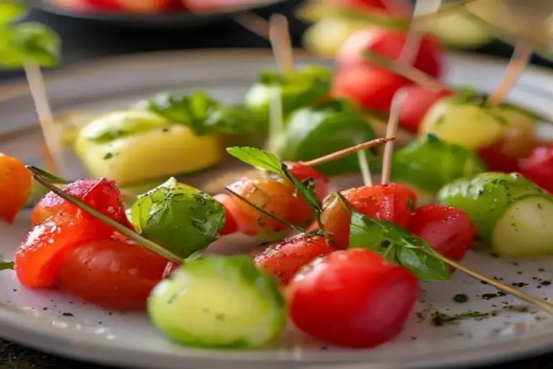 Finished tray of beautiful mini caprese skewers