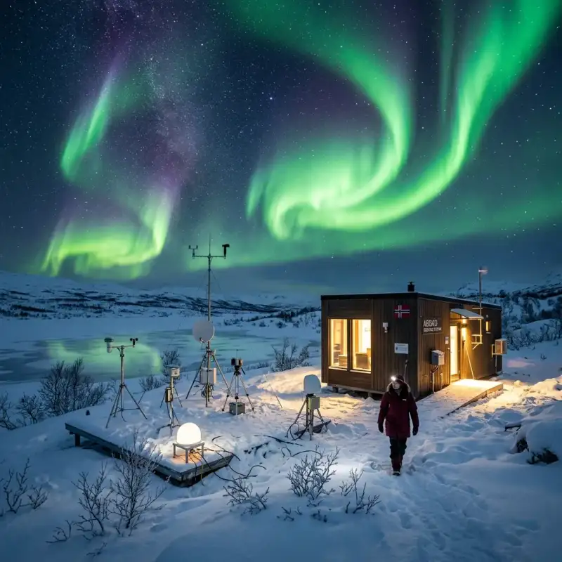 Aurora Borealis over a research station in the Arctic, illustrating scientific study