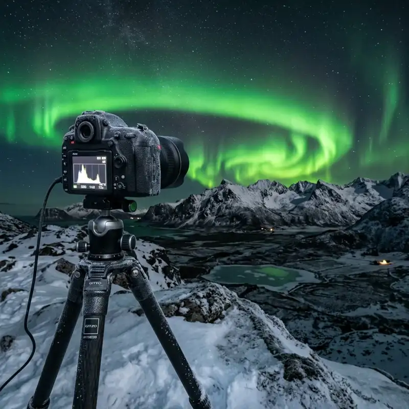 Tripod with camera photographing the Northern Lights over a snowy landscape