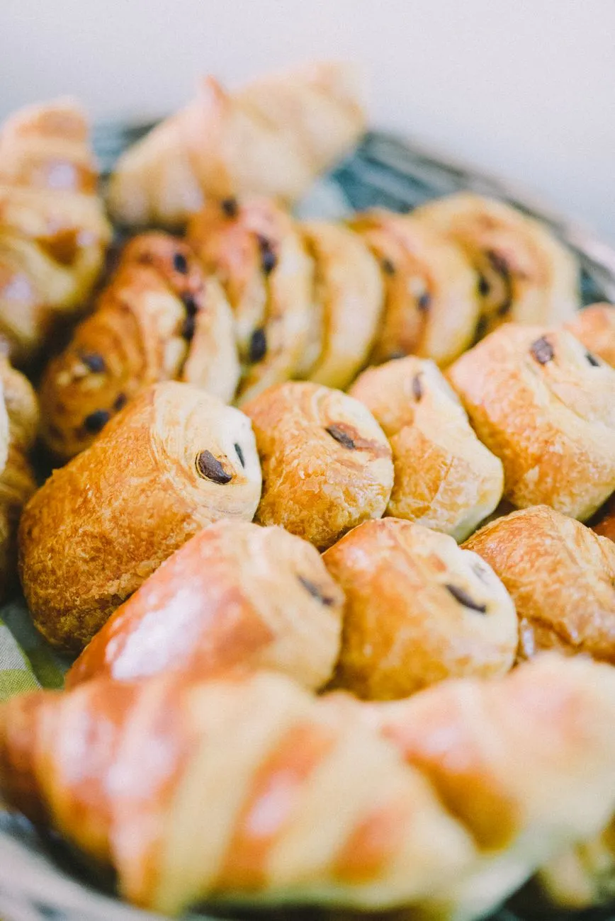 A basket of golden-brown croissants with visible flaky layers