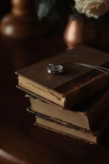 Ancient chained books on dark wooden shelves in a historic European library, light filtering from a tall window