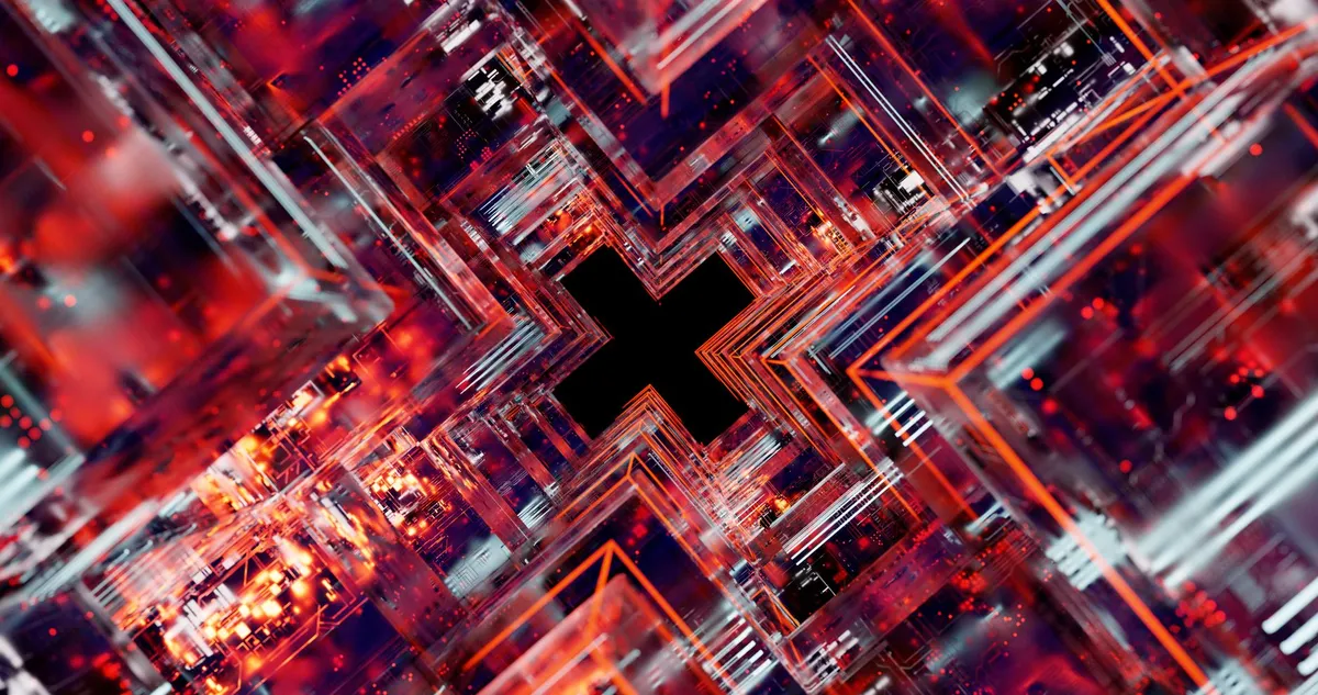Futuristic cityscape with AI-driven robots, blockchain nodes, and holographic interfaces