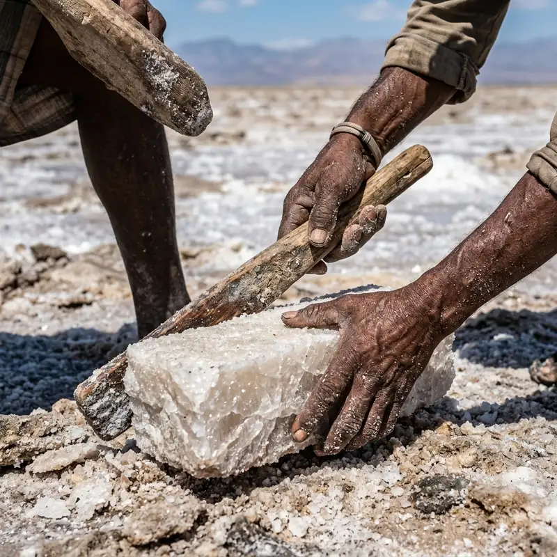 A group of Afar salt workers in the Danakil Depression, Ethiopia, meticulously cutting large, rectangular blocks of salt from a vast, dazzling white salt flat under a bright, cloudless sky. One worker uses a pickaxe, another is chiseling, and several others are stacking the finished salt blocks. Their traditional light clothing provides some protection from the intense sun. The horizon is a blur of heat haze, with the workers' shadows long and distinct on the gleaming surface.