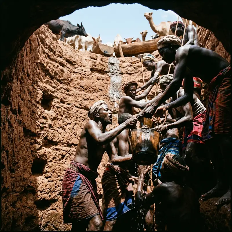 Borana men forming a human chain, singing rhythmically as they pass leather buckets of water from the deep well to the surface for livestock to drink, under a bright, hot sun.